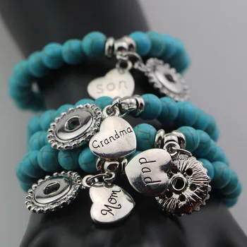 

Wholesale 12pcs Blue Stone Beads snap button bracelets with love heart charms Mom Grandma Dad 12mm snap button bangles jewelry