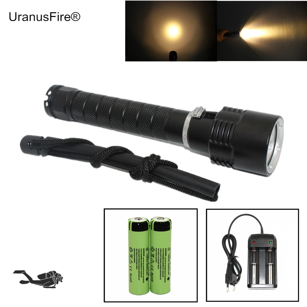 Waterproof 3* XM-L L2 Warm White Light Yellow LED Diving Flashlight 18650 Torch Underwater Lanterna