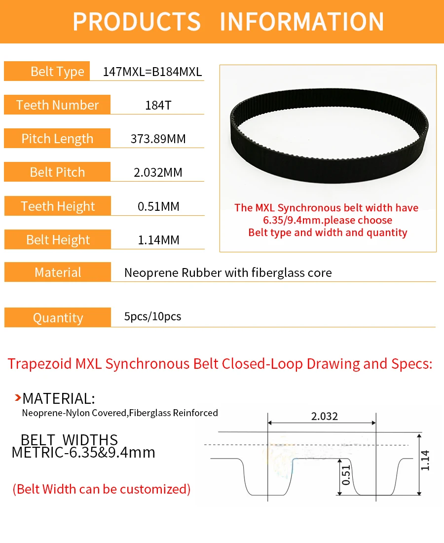 Correia síncrona de passo MXL, correia dentada,