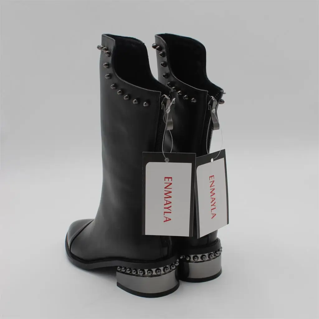 ENMAYLA/Сапоги до середины колена женские мотоциклетные сапоги женская зимняя обувь с заклепками обувь на плоской подошве женские рыцарские сапоги черный цвет, размеры 34-39
