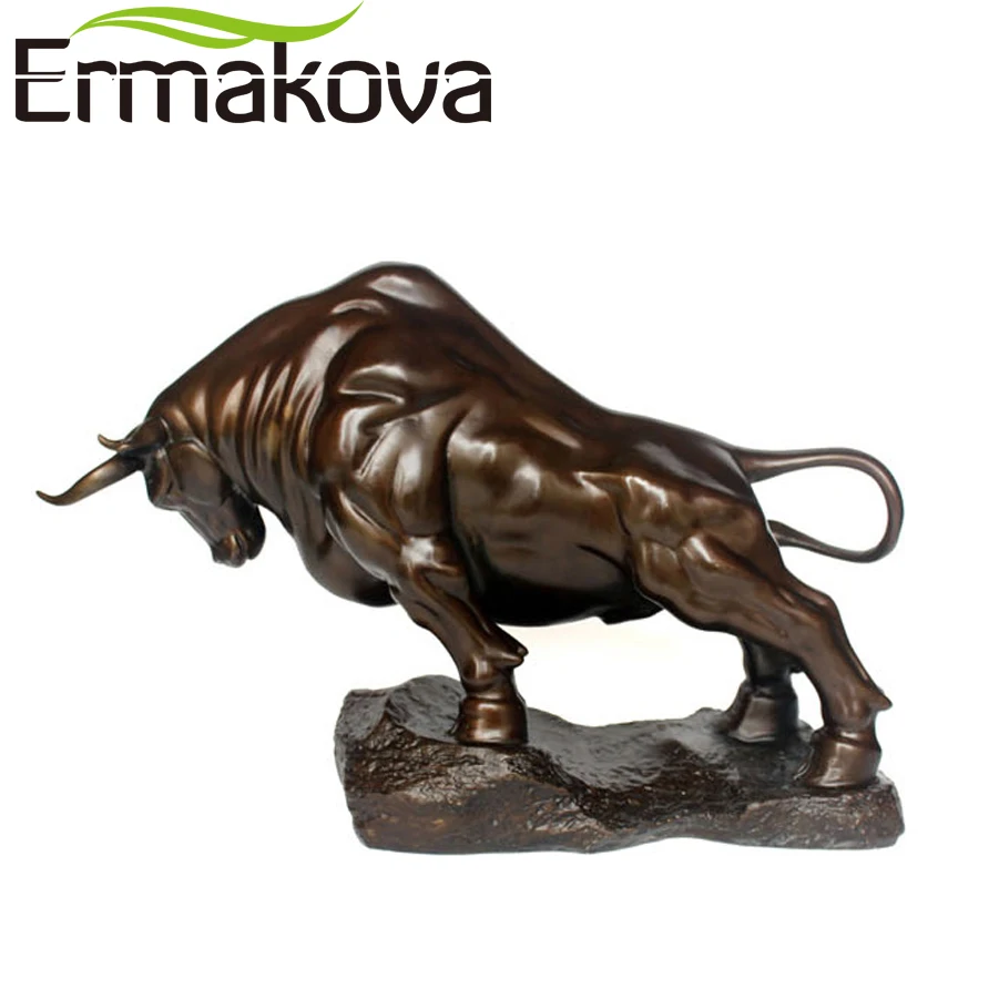 ERMAKOVA 23,5cm mosaz Wall Street Bull Ox Figurine Velkoobjemové nabíjení Akciový trh Bull Socha Feng Shui Sochařská kancelář Dekorace