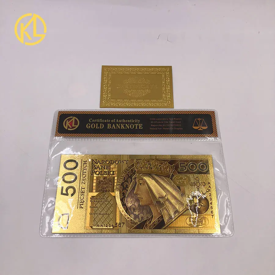 1 шт., уникальная цветная Золотая банкнота, польская банкнота, 500 злотых, чистая Золотая фольга, Банкнота для денег, Золотая Банкнота с рамкой COA для коллекции - Цвет: 500PLN1994colored