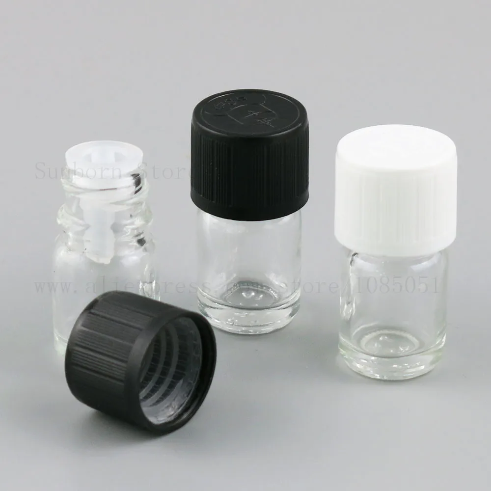 Ясно Стекло эфирное масло духи электронной жидкости маленький образец бутылки 3 мл флаконах с черный, белый цвет Кепки и с уменьшенным