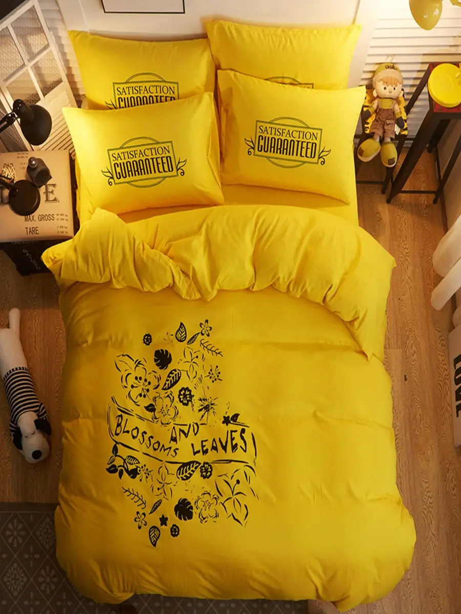 

4Pcs Duvet Cover Set Solid Sweet Leaves Pattern Sanding Comfy Bedding Set