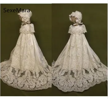 

Luxury Shiny Pearls Lace Baby Girl Christening Gown Solid Formal Long Style 1 Year Birthday Infant Baptism Gown Vestido with Hat