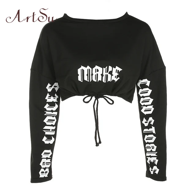 ArtSu Autumn Winter Gothic Letter Printed Long Sleeve Crop Top Hoodie