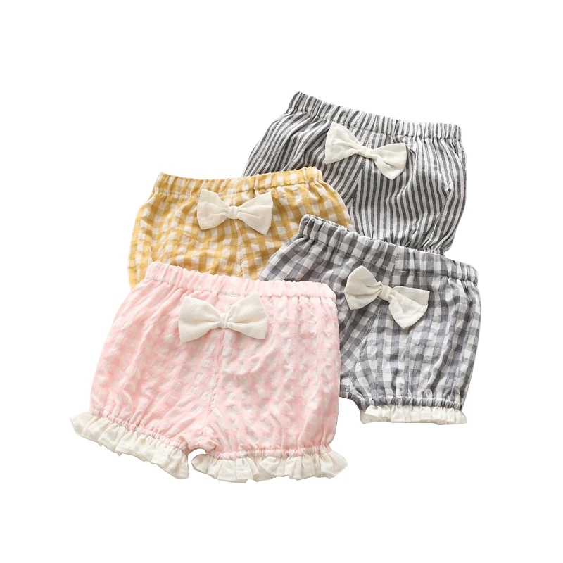 

Cute 0-24M 100% Brand Infant Baby Girl Plaid Shorts with Bow Summer Cotton Striped Bloomers Girls Ruffle Diaper Cover