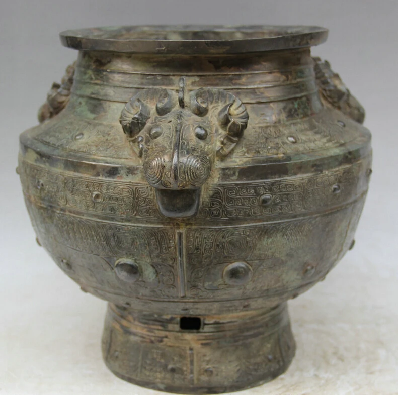 

S5866 12" Old Ancient Chinese dynasty Bronze Sheep Goat Head food vessel Pot Jar Crock D0318