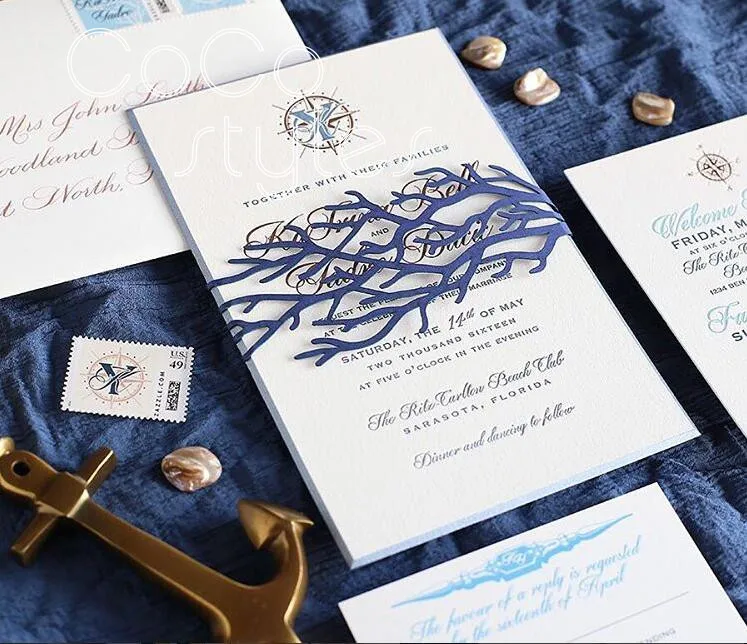  Cocostyles customized romantic coral laser cut design invitation card set with foiling printing for - 32890904447