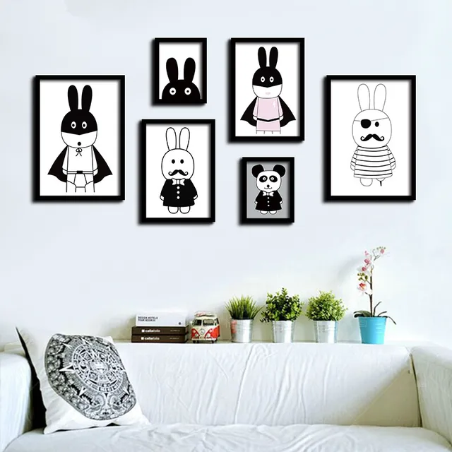 Nordic black white cartoon animals rabbit canvas printing a4 art oil print poster kids bedroom wall Nordic black white cartoon animals rabbit canvas printing a4 art oil print poster kids bedroom wall
