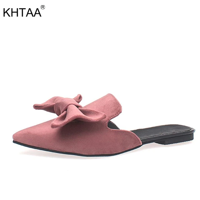 KHTAA Woman Slippers Bowtie Flat Shoes Low Heels Mules For Women Slides Flock Summer Pointed Toe Sweet Girls Slipper