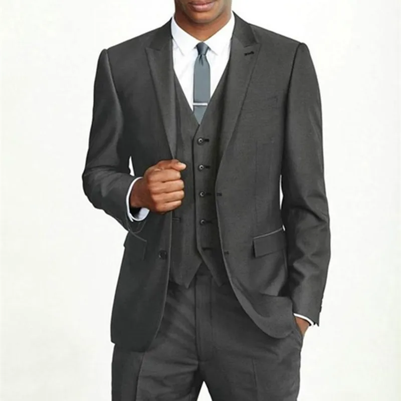 

Classic Design Male Suits Peaked Lapel Two Buttons Slim Dark Gray Groomsman Tuxedos Wedding men Suit ( Jacket+pants+vest+tie)