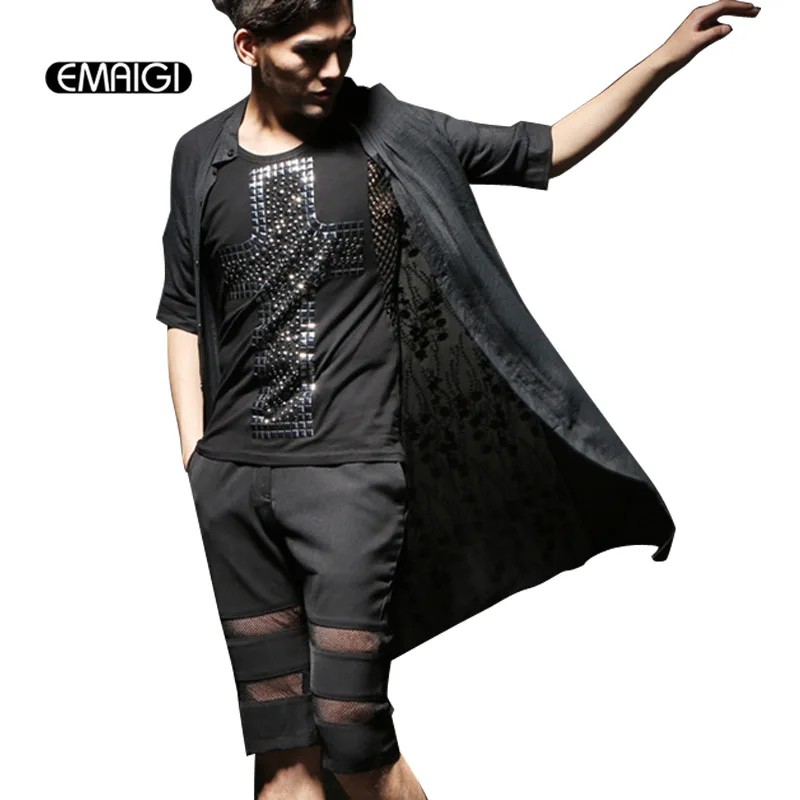 

Men Summer Long Style Casual Shirt Mens Lace Splice Shirts Male Fashion Punk Party Slim Half Sleeve Shirts Cardigan