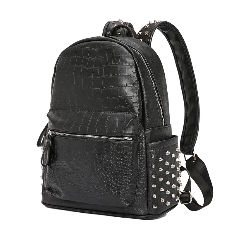Модный мужской рюкзак с заклепками, большой емкости, крокодиловый узор, мужской рюкзак для ноутбука, 15,6, повседневная Дорожная сумка из искусственной кожи, черный рюкзак