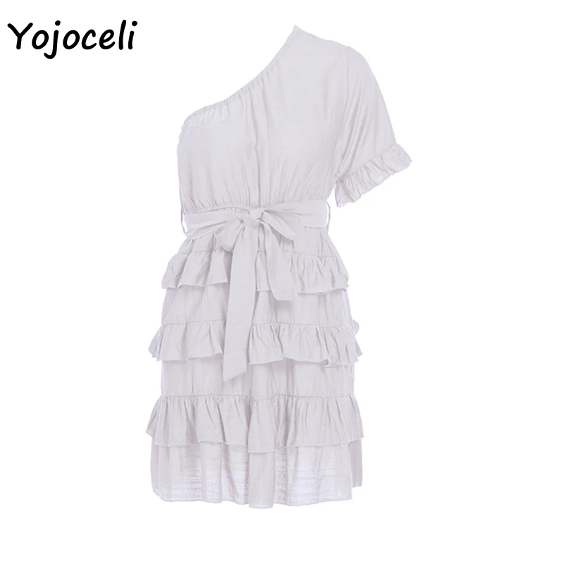 Yojoceli летнее платье с оборками женское мини-платье на одно плечо с бантом женское платье vestidos - Цвет: Белый