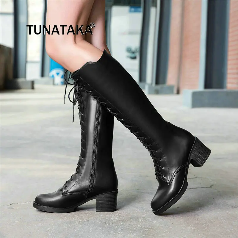

Women Side Zipper Comfortable Low Heel Knee High Riding Boots Fashion Cross Tied Keep Warm Winter Shoes Red Black Yellow