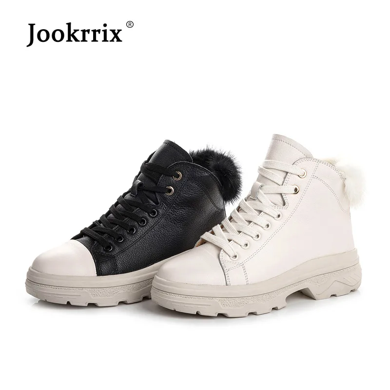 

Jookrrix 2018 Casual White Shoes Women Fashion Brand Genuine Leather Martin Boots Lady chaussure Wnter Female footware with Fur