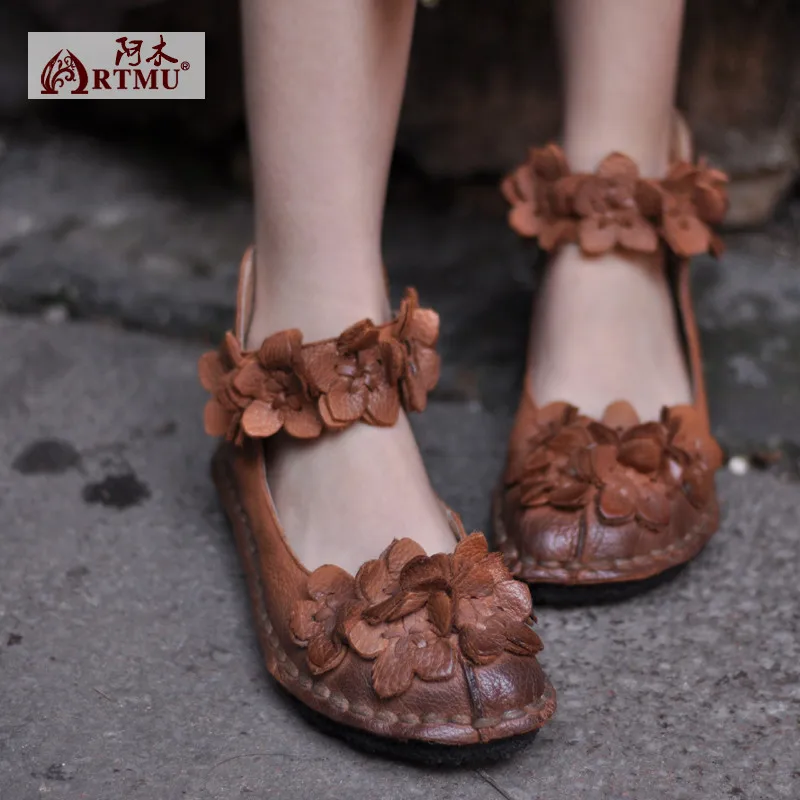 

Designer Spring Womens Flats Brown Handmade Womens Shoes Blue Genuine Leather Mary Jane Shoes Ankle Strap Low Heel