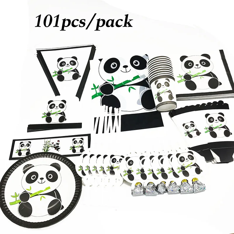 

101pcs Panda disposable plates cups straws blowouts invitations Panda birthday party supplies Panda tablecloths party banners