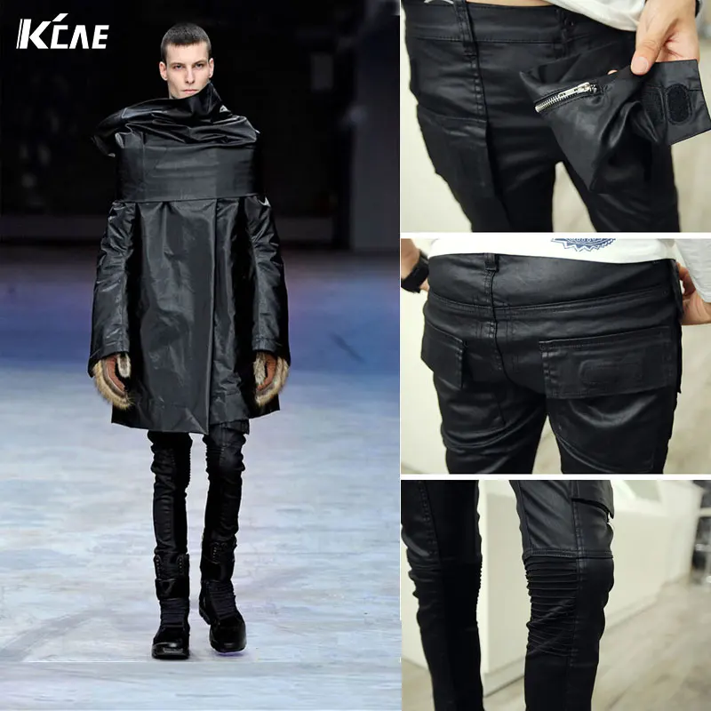 ФОТО Brand Men's Fashion Runway Waxed Shiny Coated Stretch Slim Black Biker Washed Jeans Size M-2XL  Slim fit black skinny jeans men