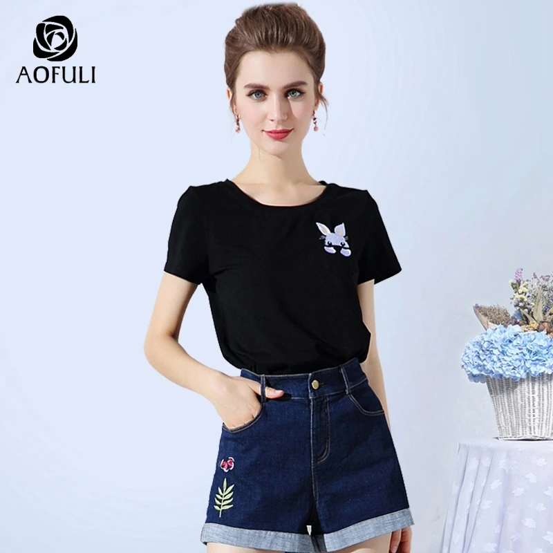 AOFULI S-3XL 4XL 5XL короткие женские хлопковые футболки Плюс Размер с коротким рукавом