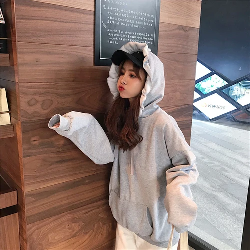 Kawaii/Милая Новинка ulzzang, корейская модная женская одежда, Harajuku, с оборками, большие размеры, плотные толстовки с длинным рукавом, толстовки - Цвет: Серый