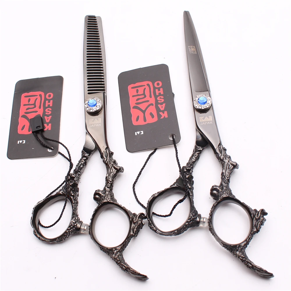 

5.5inch 16cm 440C Kasho Black Hairdressing Scissors Cutting Shears Thinning Scissors Professional Hair Scissors Barber Shop