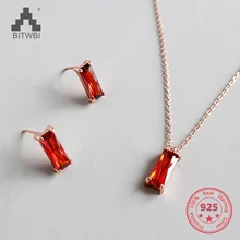 S925 стерлингового серебра простые красные квадратные циркониевые серьги короткие ключицы ожерелье украшение цепи