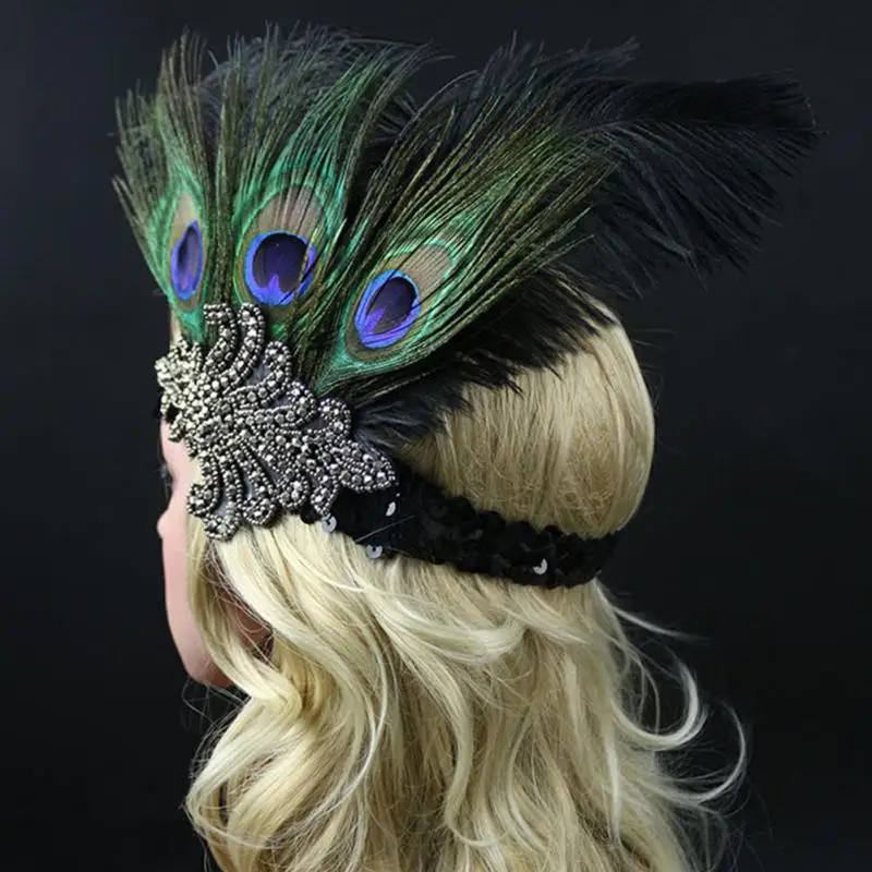 

Women Black/Peacock/White Feather Flapper Head Wrap Hair Accessories Headband Sequins Halloween party wear decor