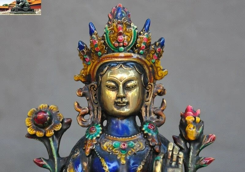 8 &quotтибетские бронзовые Перегородчатые Позолоченные Зеленые Tara Kwan Yin статуя
