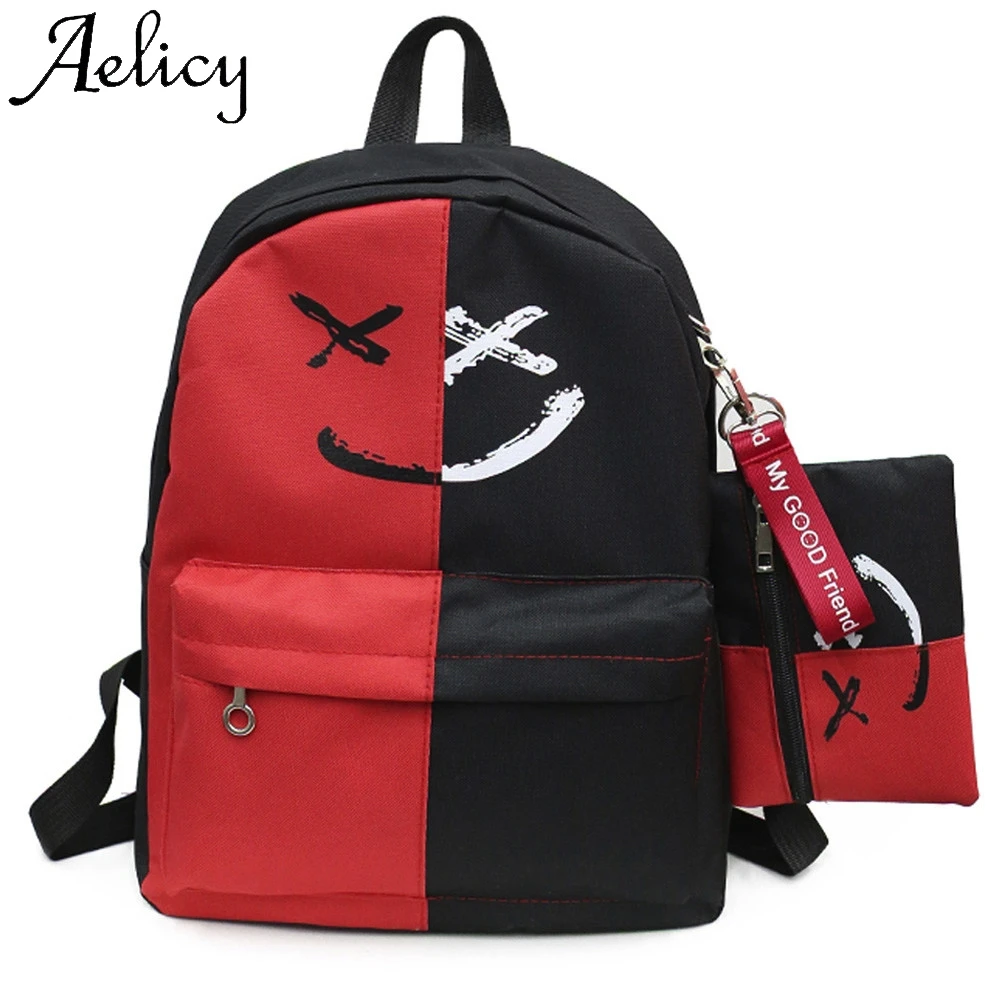 

Aelicy 2Pcs Women Girls Smile Shoulder Bookbags School Travel Backpack+Small Bag High Quality Simple Lady Backpack Phone Pocket