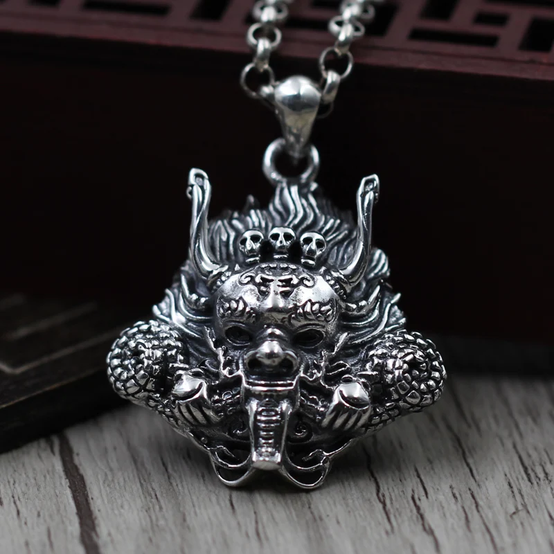 

Genuine 925 Sterling Silver Pendant Mahakala SILVER PENDANT MENS personality retro hand carved version of the devil