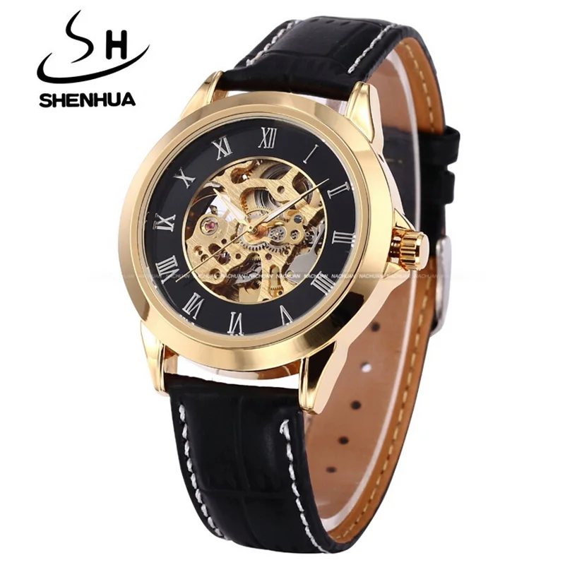 

Reloj Hombre Shanghai Shenhua Gold Skeleton Mechanical Watches Men Fashion Vintage Clock Automatic Self Wind Machinery Watches
