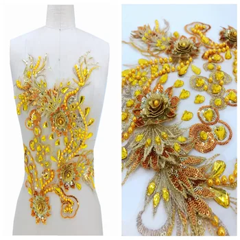 

Three-dimensional flower golden lace applique with bead rhinestones trimming patches 42*27cm for dress accessory