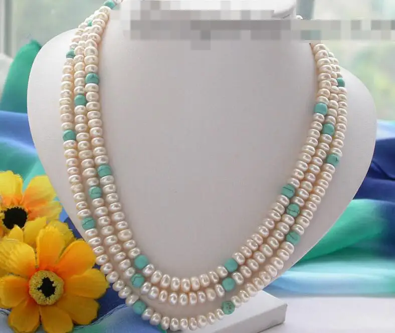 

3874 3row white round freshwater pearl turquoise necklace
