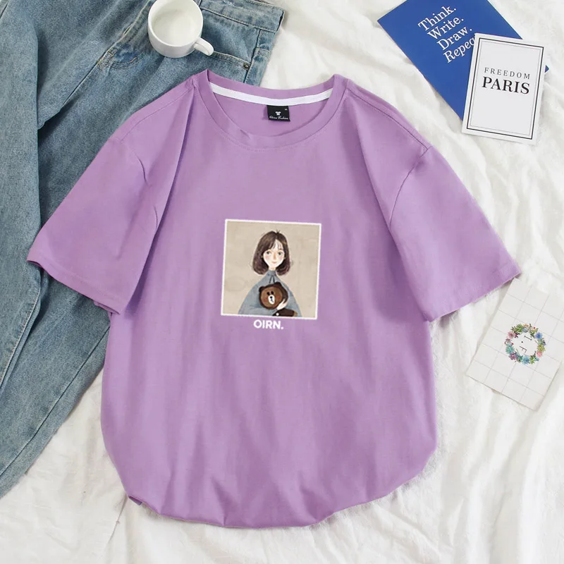 Cotton solid color women t-shirt cec men and women couples round neck small girl brown bear short sleeve shirt t-shirts S-4XL - Цвет: purple