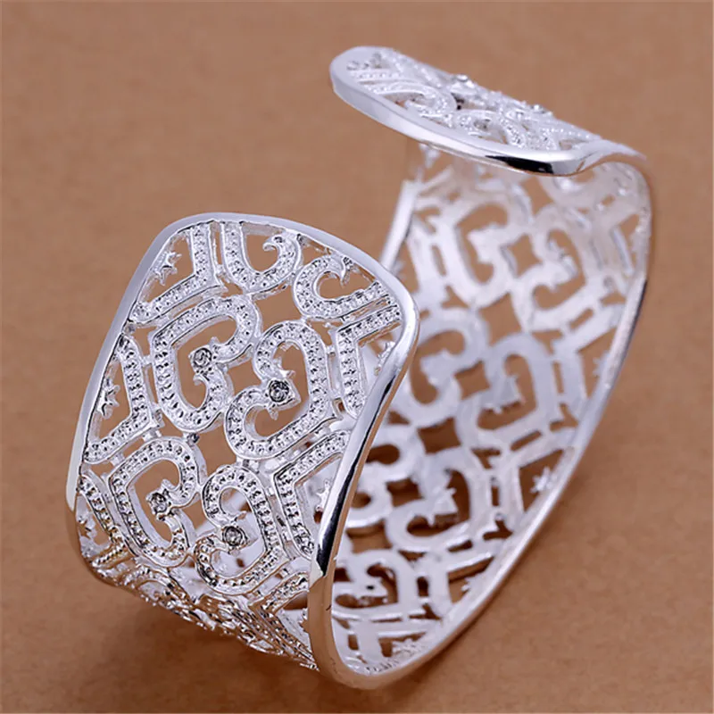 Серебряный 925 браслет в форме сердца для женщин, романтический Открытый браслет, модный кубический цирконий, ювелирные изделия, широкие манжеты, браслет Pulseira