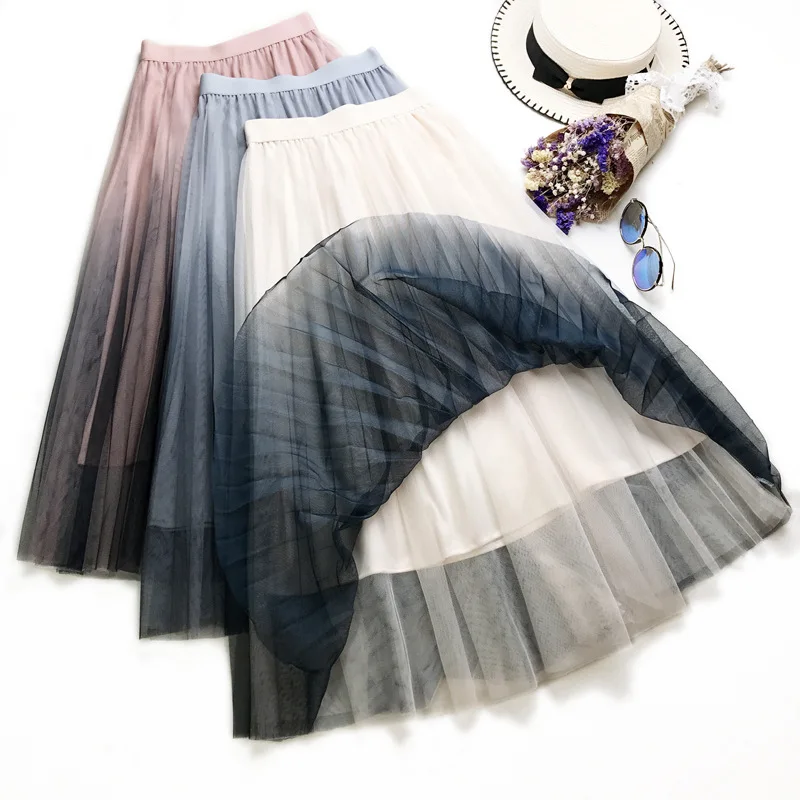 Женские юбки из тюля бежевого, серого, розового цветов, плиссированные юбки для взрослых, эластичная юбка с высокой талией, Повседневная Свободная сетчатая трапециевидная юбка средней длины
