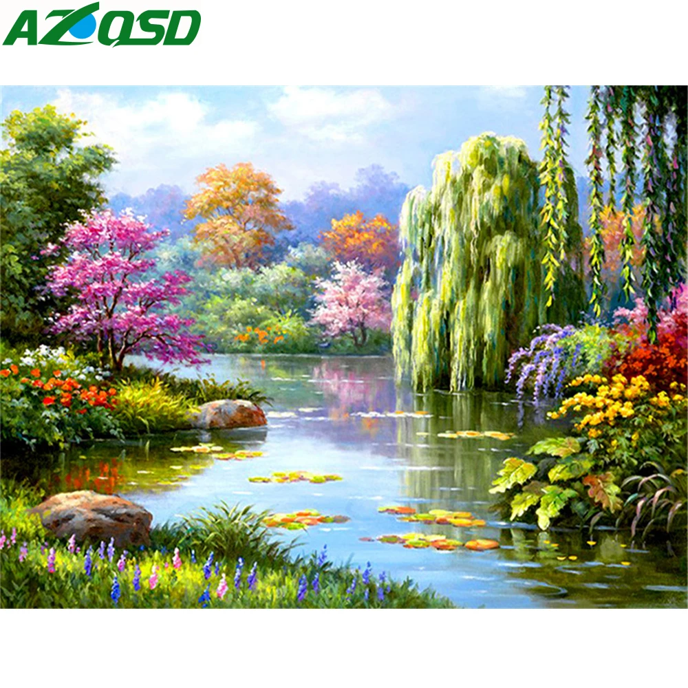 

AZQSD Diamond Painting Nature Full Square Landscape Diamond Mosaic Tree Needlework Diamond Embroidery Scenery Handmade Gifts
