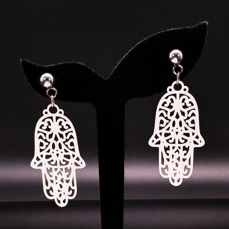 

2019 Fashion Stainless Steel Hamsa Hand Earrings Women Jewelry Silver Color Stud Earring Jewelry collier ethnique E612275
