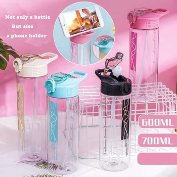 

700ML drink bottle with straw & handgrid BPA free plastic cute water bottle 700ml for outdoor girls with phone holder