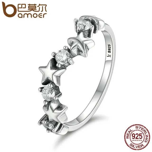 BAMOER High Quality 100% 925 Sterling Silver Sparking Star Luminous CZ Finger Ri BAMOER High Quality 100% 925 Sterling Silver Sparking Star Luminous CZ Finger Ri