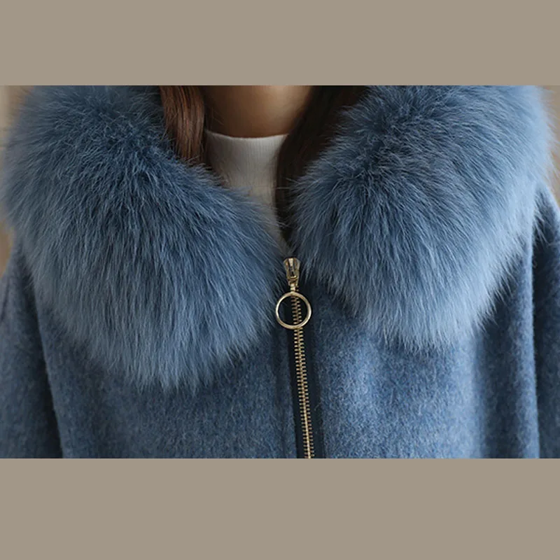 Winter Women Woolen Coat Outerwear Female Medium-long Hooded Trench Big Fur Collar Casual Casaco Feminino Female Jacket