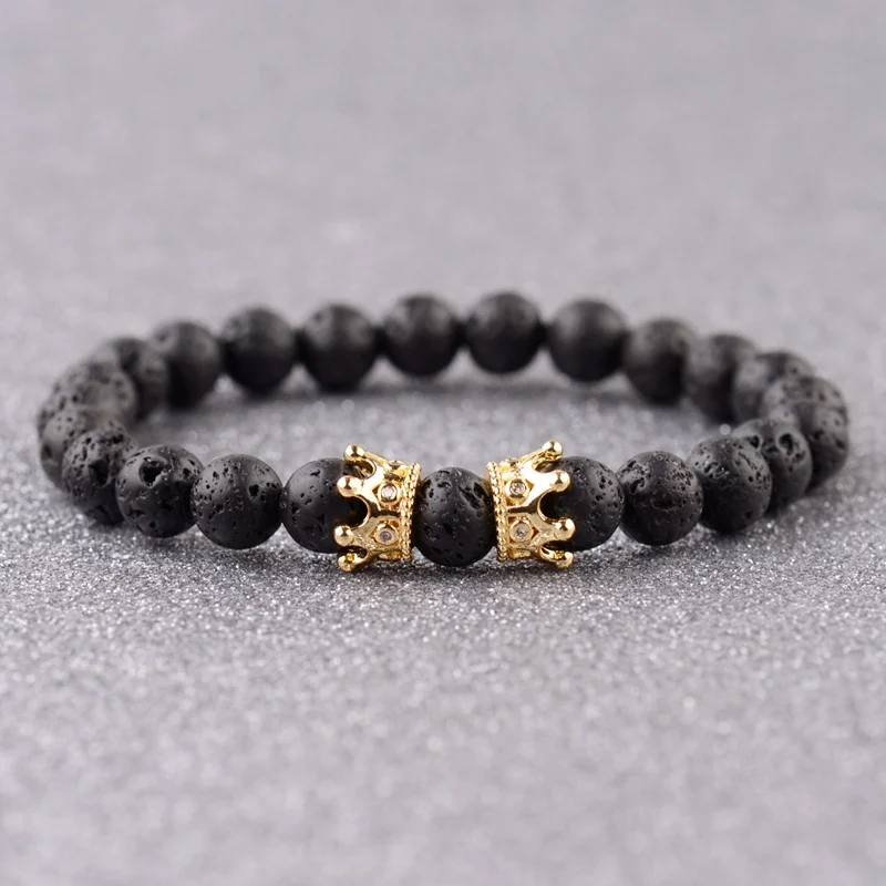 

8mm Natural Lava Stone Beads Men's Crown Bracelet pulseras hombre moda 2018 Charm King Volcanic Rock Yoga Bracelet Jewelry Gift