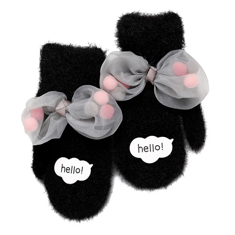Вязаные перчатки для маленьких девочек, зимние теплые кружевные перчатки с широкими пальцами, перчатки для детей, детские перчатки для малышей - Цвет: Черный