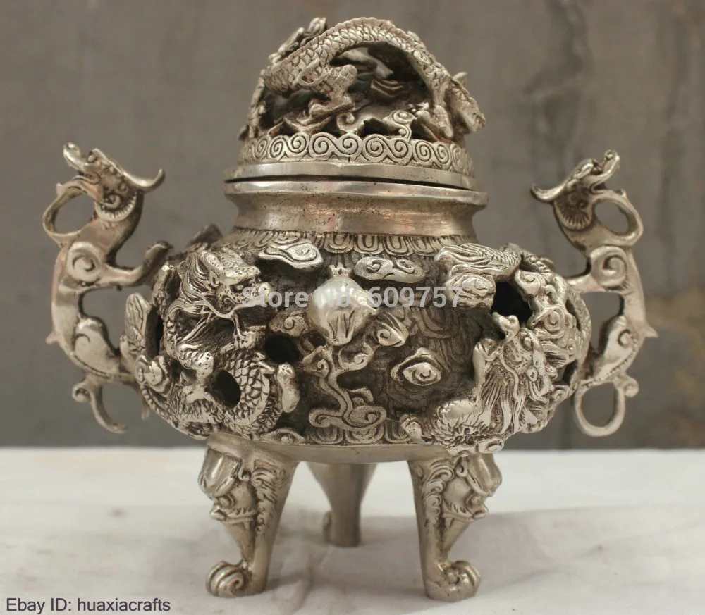 

rare luck Chinese Culture HandMade Silver Bronze Statue Dragon Brave troops incense burner gift art bronze Genuine copper