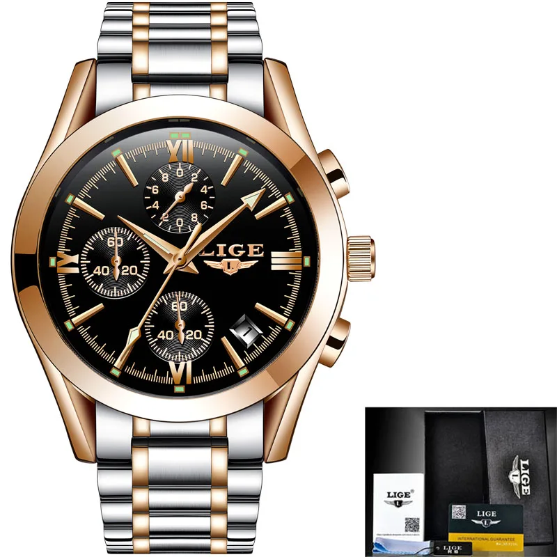 LIGE мужские Топ люксовый бренд военные спортивные часы мужские кварцевые часы мужские полностью стальные повседневные Бизнес золотые часы Relogio Masculino - Цвет: gold black