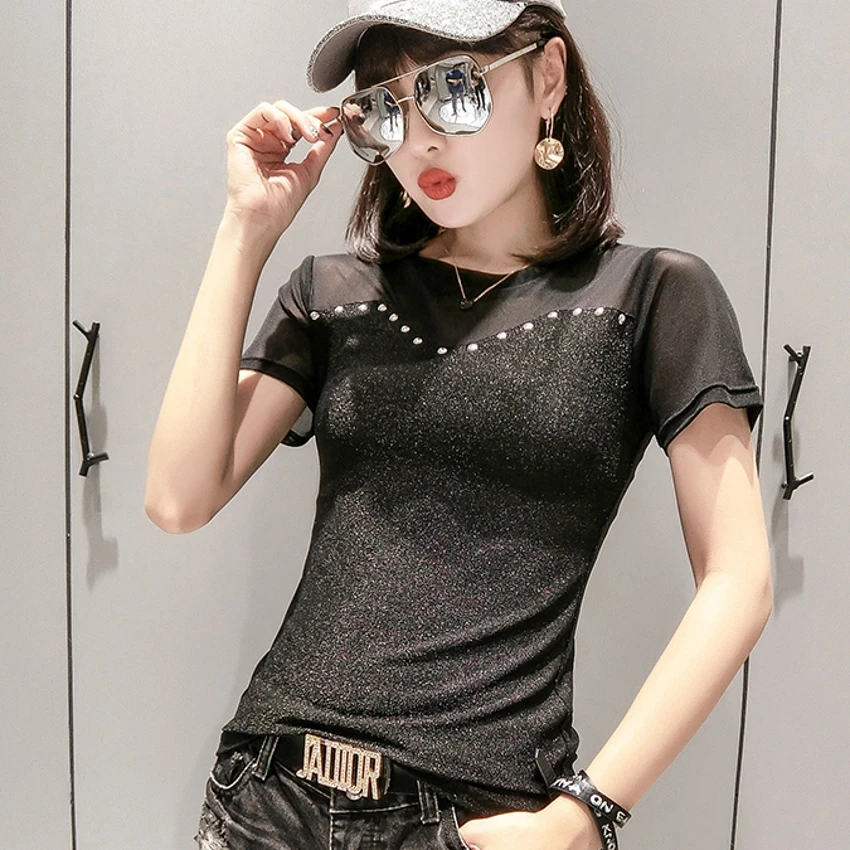 

Mesh Patchwork Diamonds O-Neck Tshirt 2019 Summer High Street Cotton Top Clothes Shirt Camiseta Mujer Black Silver Green T94807L