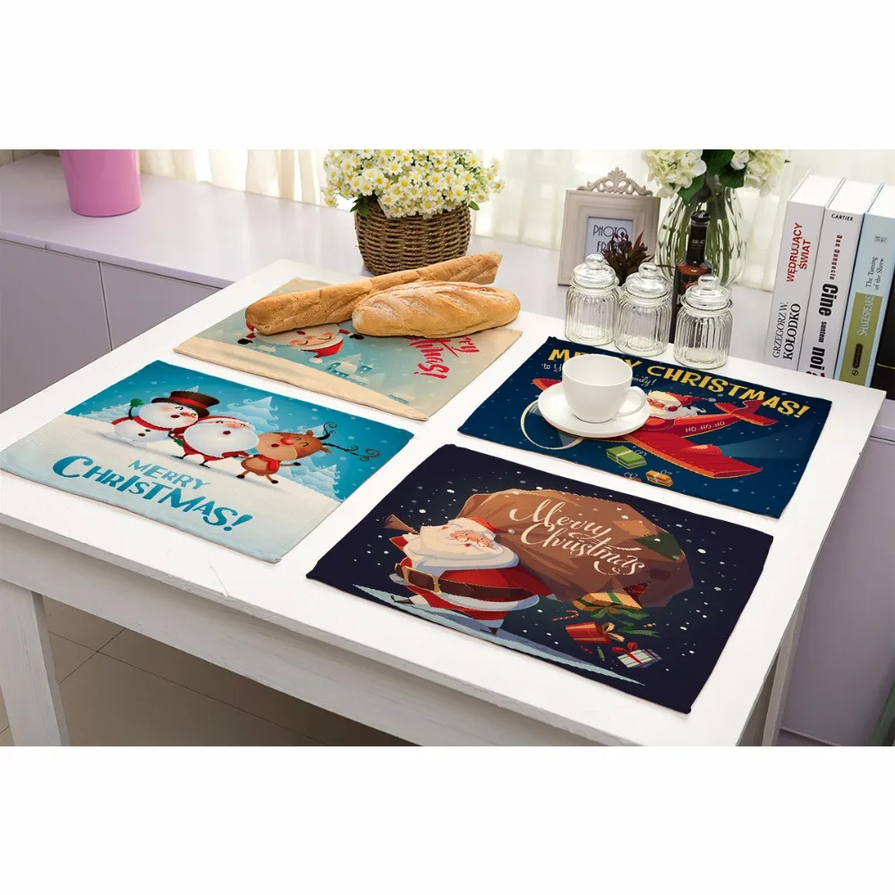 Miracille 2/4/6pieces Set Cotton Linen Placemats Merry Christmas Printed Home Decorative Table Mat Kitchen Accessory Coffee Mat