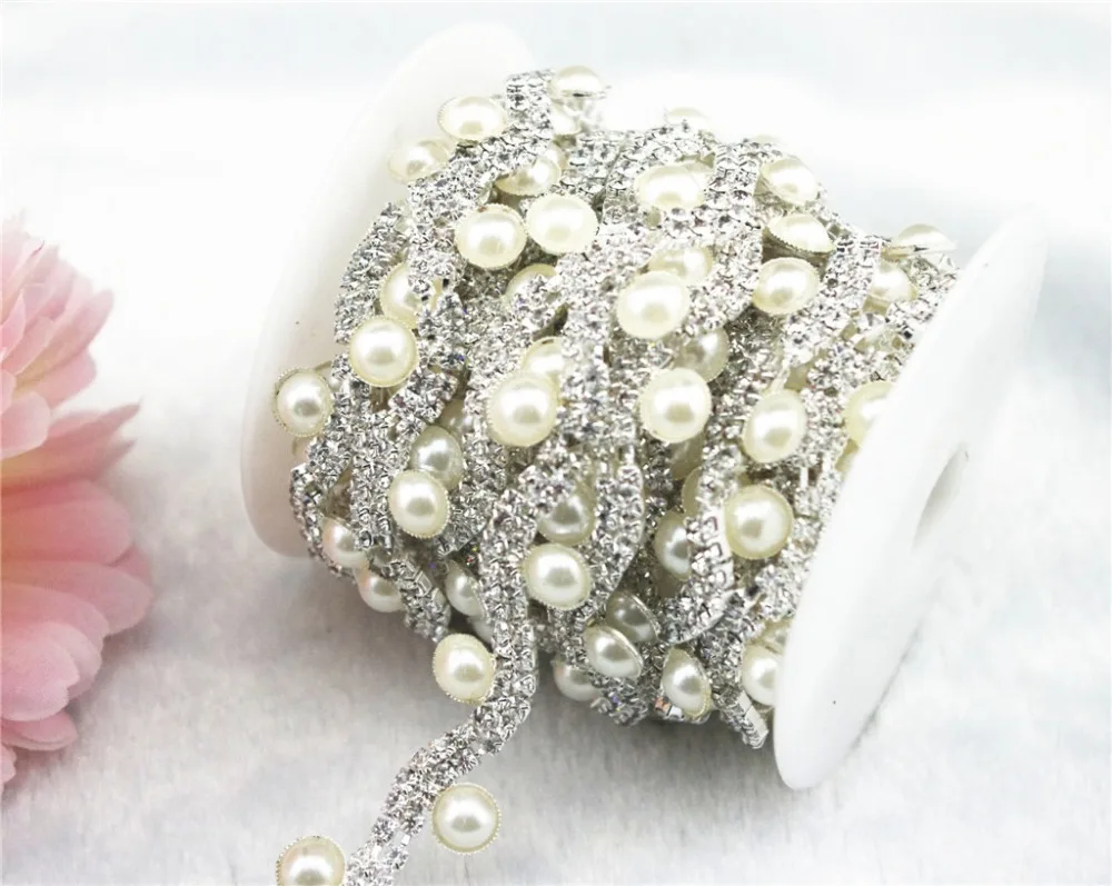 1 Yard 2 Rows 3mm Clear Crystal Pearl Rhinestone Silver Chain Sewing